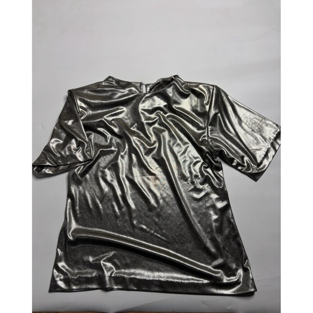 VTG CHRISTOPHER A WOMENS S METALLIC High Neck BLOUSE 90s SILVER Y2K Going Out
